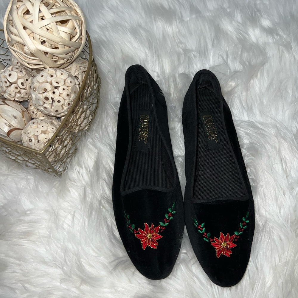 Vintage Black Velvet Ballet Embroidered Poinsettia Holly Flats 8.5